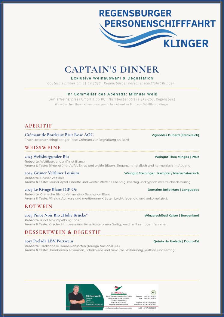 Weinkarte Captain's Dinner - Schifffahrt Klinger Weinkarte Captain's Dinner - Schifffahrt Klinger