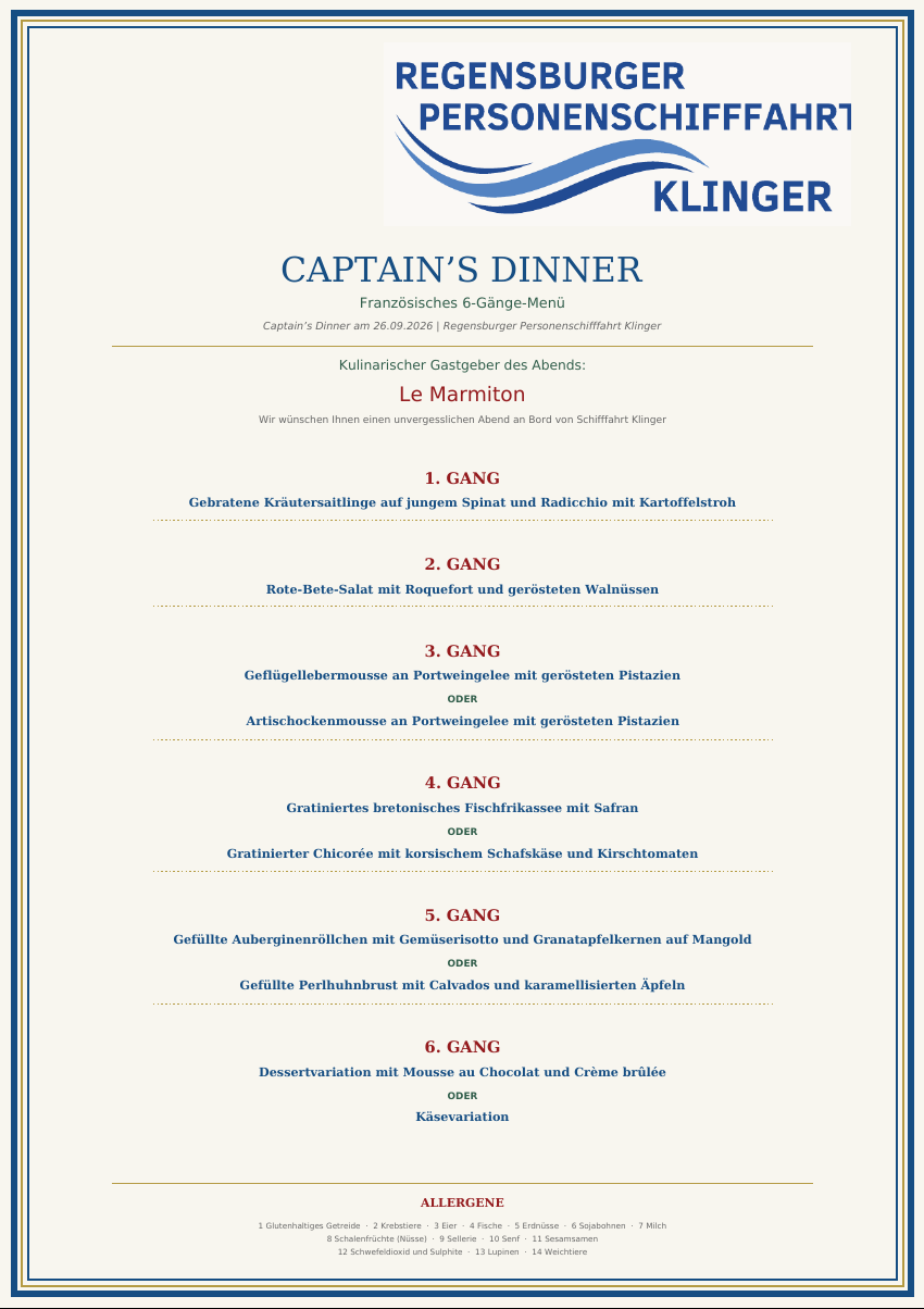 Menu Captains Dinner Schifffahrt Regensburg